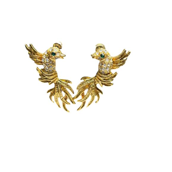 Vtg Set 3, Bird of Paradise Lg 3" Enamel Rhinestone Chrystal Pin Brooch/Earrings - Picture 13 of 16